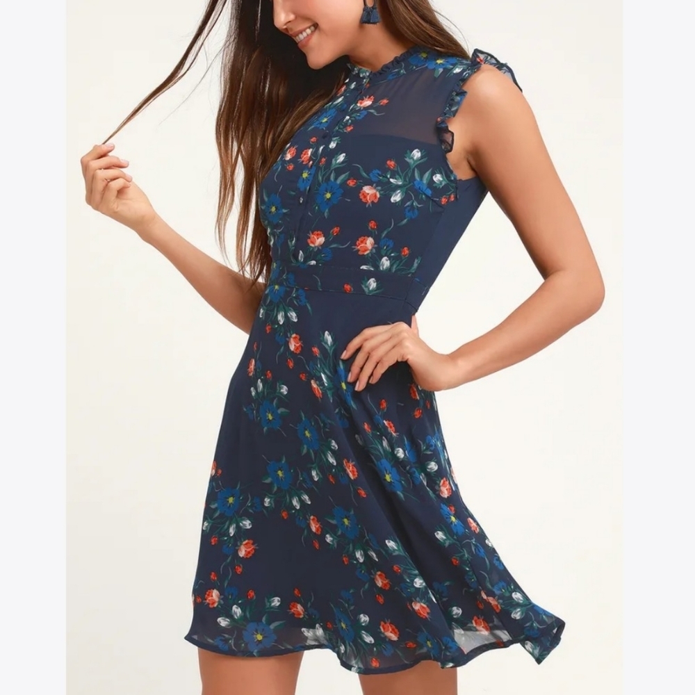 Lulus Blue Floral Button Front Ruffle Dress - Picture 7 of 7